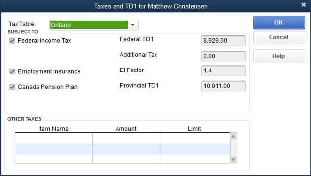 Use the buttons on this tab to access additional information for direct deposit, taxes, and sick/vacation pay. Click Taxes and TD1. Choose the employee s Tax Table.