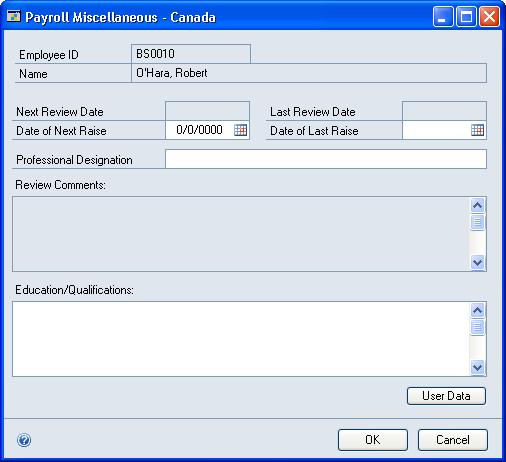 CHAPTER 14 EMPLOYEE RECORDS To enter an employee s review: 1. Open the Payroll Miscellaneous - Canada window. (Cards >> Payroll - Canada >> Employee >> Miscellaneous) 2.