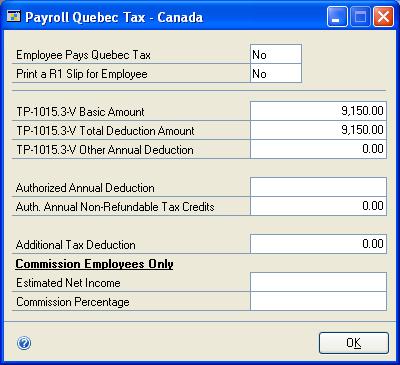 CHAPTER 15 TD1 TAX REPORTING Entering Quebec tax information Use the Payroll Quebec Tax - Canada window to enter the tax information applicable to employees who pay their taxes in Quebec.