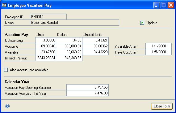 PART 2 CARDS To view or modify vacation accrual: 1. Open the Employee Vacation Pay window. (Cards >> Payroll - Canada >> Employee >> Vacation Pay) 2.