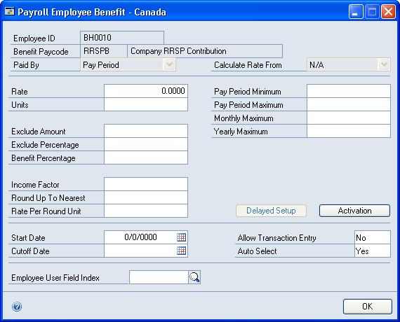CHAPTER 18 EMPLOYEE PAYCODES To enter benefit code amounts: 1. Open the Payroll Employee Benefit - Canada window. (Cards >> Payroll - Canada >> Employee >> Paycodes >> Update) 2. Enter a rate. 3.