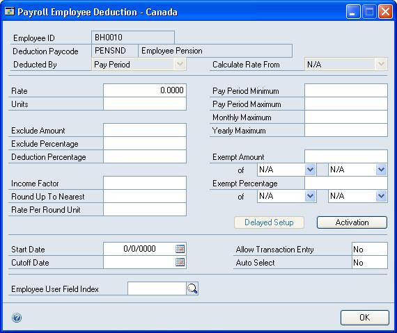 CHAPTER 18 EMPLOYEE PAYCODES Deduction codes for Canadian Payroll only are set up in the Payroll Deduction Paycode Setup - Canada window.