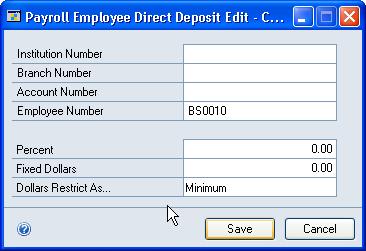 Chapter 20: Direct Deposit If you use Direct Deposit for your payroll transactions, you can view and enter multiple direct deposit accounts for an employee.