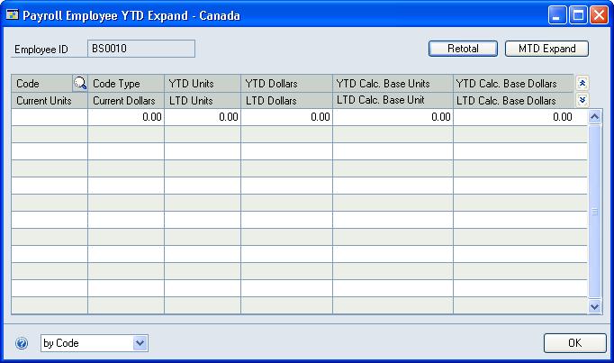 PART 2 CARDS To view or modify an employee s pay history: 1. Open the Payroll Employee YTD Expand - Canada window. (Cards >> Payroll - Canada >> Employee >> Calculated >> YTD Detail Expand. 2. You can add pay, benefit, banked, and deduction codes or modify the values displayed in the window.