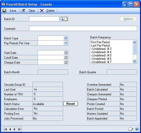 PART 3 TRANSACTIONS To create a payroll batch: 1. Open the Payroll Batch Setup - Canada window. (Transactions >> Payroll - Canada >> Payroll Batches) 2. Enter a batch ID. 3. Enter a batch comment or a brief description of the transactions that will be entered in the batch.