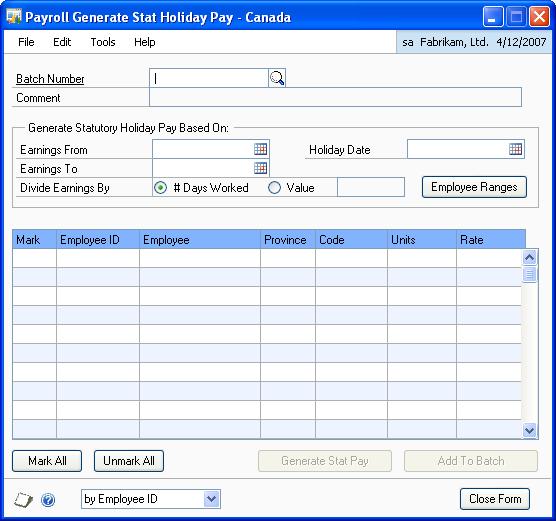 PART 3 TRANSACTIONS To generate statutory holiday pay transactions: 1. Open the Payroll Generate Stat Holiday Pay - Canada window.