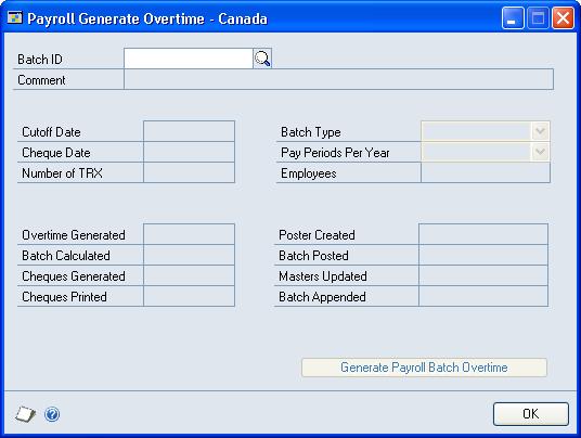 PART 3 TRANSACTIONS To generate overtime transactions: 1. Open the Payroll Generate Overtime - Canada window. (Transactions >> Payroll - Canada >> Entry Routines >> Generate Overtime) 2.