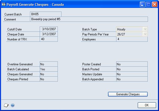 PART 3 TRANSACTIONS batch uses 26 for biweekly pay periods and 52 for weekly pay periods. For more information, see Entering batch frequency descriptions on page 15. 3. Choose Calculate Payroll Batch to start the calculation process.
