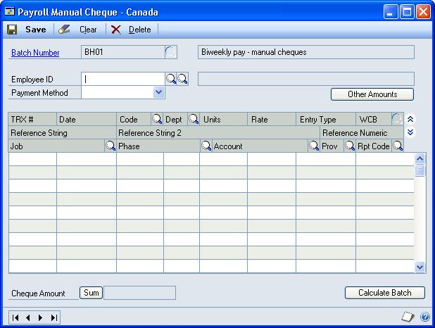 PART 3 TRANSACTIONS To create a manual cheque: 1. Open the Payroll Manual Cheque - Canada window. (Transactions >> Payroll - Canada >> Adjustments >> Manual Cheque) 2. Enter or select a batch ID.