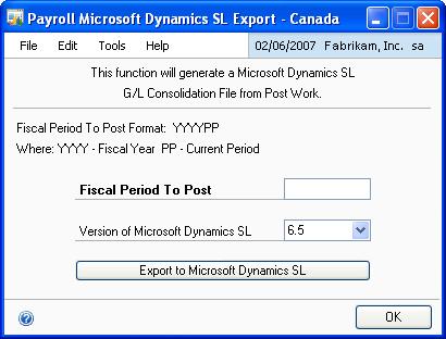 PART 3 TRANSACTIONS 3. Select Payroll Microsoft Dynamics SL Export Canada and choose Add. 4. Choose Done. Payroll Microsoft Dynamics SL Export Canada is added to the Shortcut list.