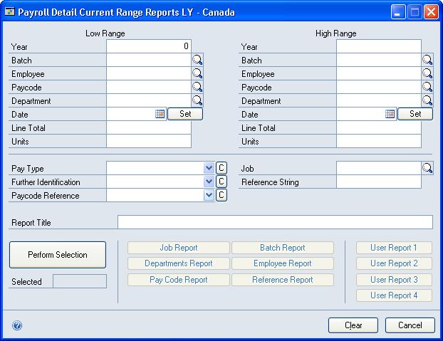 CHAPTER 27 INQUIRIES To view detailed payroll information: 1. Open the Payroll Detail Current Range Reports LY - Canada window. (Inquiry >> Payroll - Canada >> Detail Range Reports for Last Year) 2.