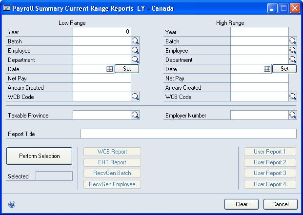 PART 4 INQUIRIES AND REPORTS To view summary payroll information: 1. Open the Payroll Summary Current Range Reports LY - Canada window.