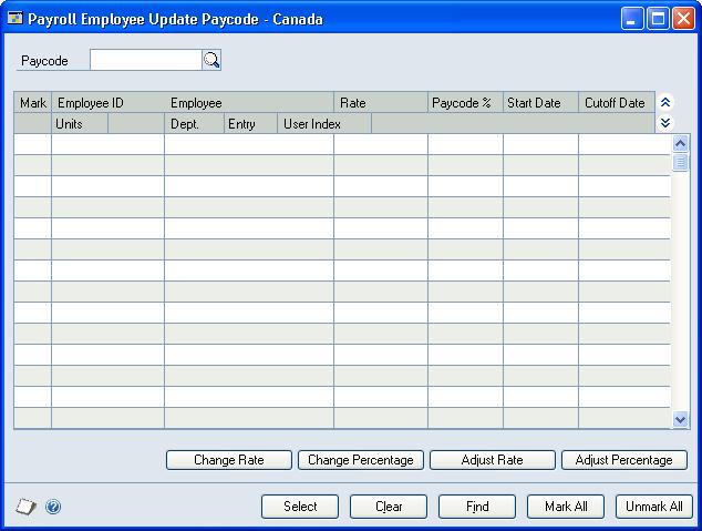 PART 5 UTILITIES 5. Choose Edit Records to open the Payroll Employee Update Paycode - Canada window and display the selected paycode and employees. 6.