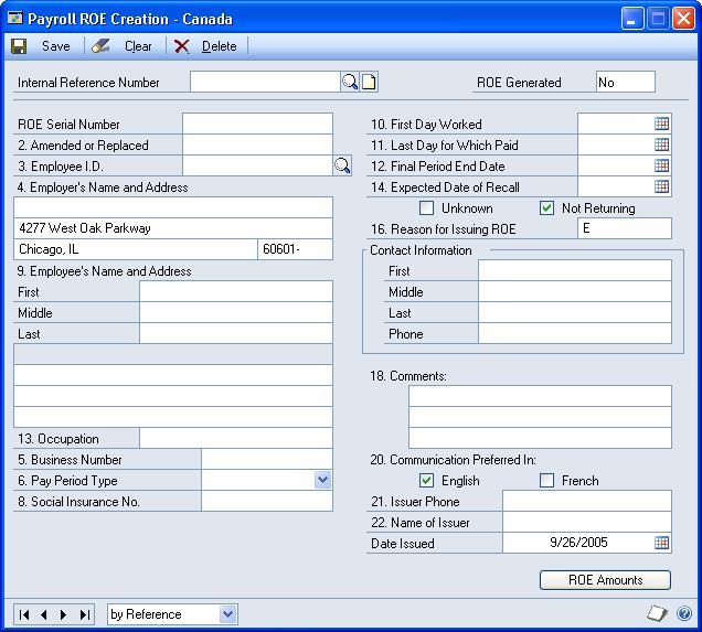PART 6 ROUTINES To create ROEs: 1. Open the Payroll ROE Creation - Canada window. (Microsoft Dynamics GP menu >> Tools >> Routines >> Payroll - Canada >> ROE Creation) 2.
