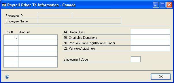 CHAPTER 36 T4/R1 ROUTINES To modify other T4 information: 1. Open the Payroll Other T4 Information - Canada window.