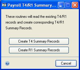 CHAPTER 36 T4/R1 ROUTINES To create T4 and R1 summary records: 1. Open the Payroll T4/R1 Summary Creation window.