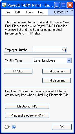 PART 6 ROUTINES To print the T4 slip: 1. Open the Payroll T4/R1 Print - Canada window.