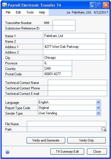 PART 6 ROUTINES To create an electronic copy of the T4: 1. Open the Payroll Electronic Transfer T4 window.