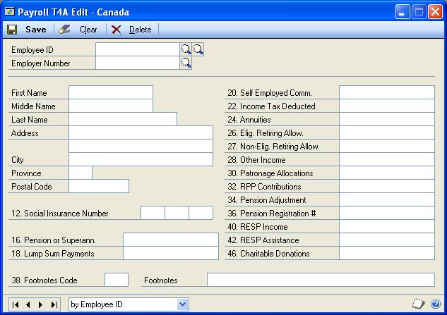 PART 6 ROUTINES Modifying a T4A Use the Payroll T4A Edit - Canada window to modify the T4As that you have created. To modify a T4A: 1. Open the Payroll T4A Edit - Canada window.