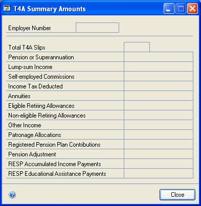 PART 6 ROUTINES 4. Choose Amounts to open the T4A Summary Amounts window. Use the window to view other T4A summary amounts. For more information, see Viewing T4A summary amounts on page 276. 5.