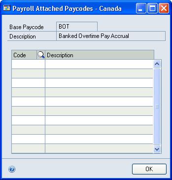 CHAPTER 8 BENEFIT CODES SETUP the Payroll Benefit Paycodes Setup window, Payroll Deduction Paycodes Setup window, or Payroll Banked Paycodes Setup window. To assign a paycode to a base paycode: 1.