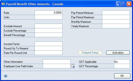 PART 1 CANADIAN PAYROLL SETUP To create additional benefit code amounts: 1. Open the Payroll Benefit Other Amounts - Canada window.