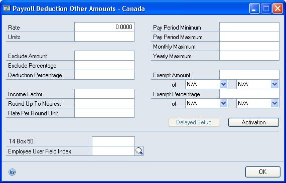 CHAPTER 9 DEDUCTION CODES SETUP To create additional deduction code amounts: 1. Open the Payroll Deduction Other Amounts - Canada window.