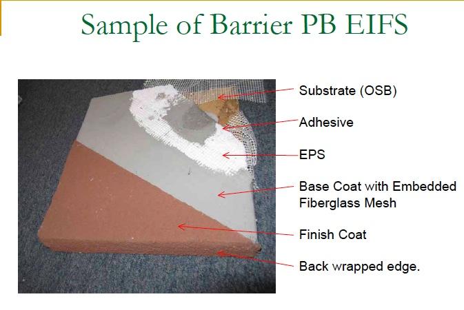 Barrier or Face Seal PB EIFS This is the most common type of EIFS. PB = Polymer Based. Barrier means that the system is designed such that water should not get behind the exterior surface.