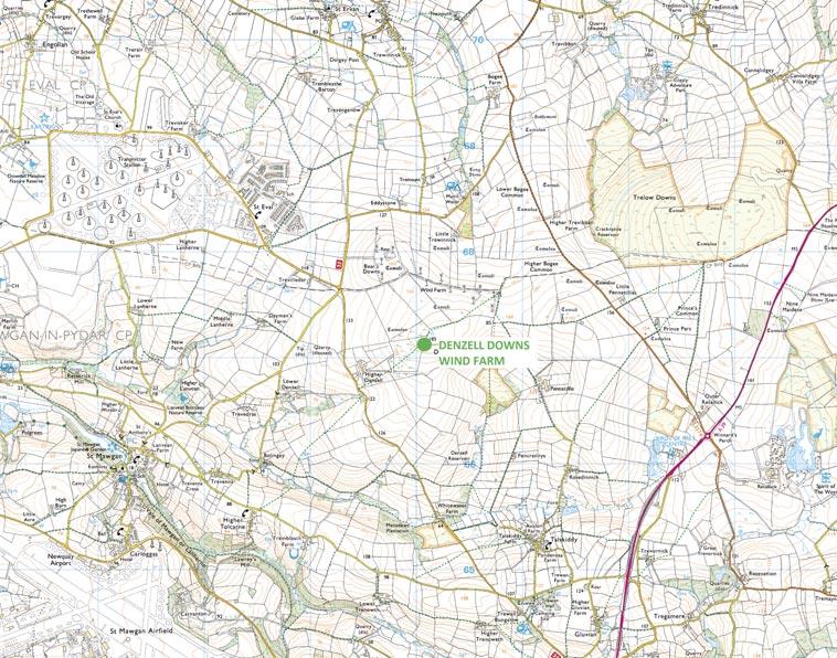 The Site The site is located at Higher Denzell Farm, approximately 2 km south east of St Eval in the parish of Mawgan in Pydar. It is south of an existing wind farm at Bears Downs. Why this site?