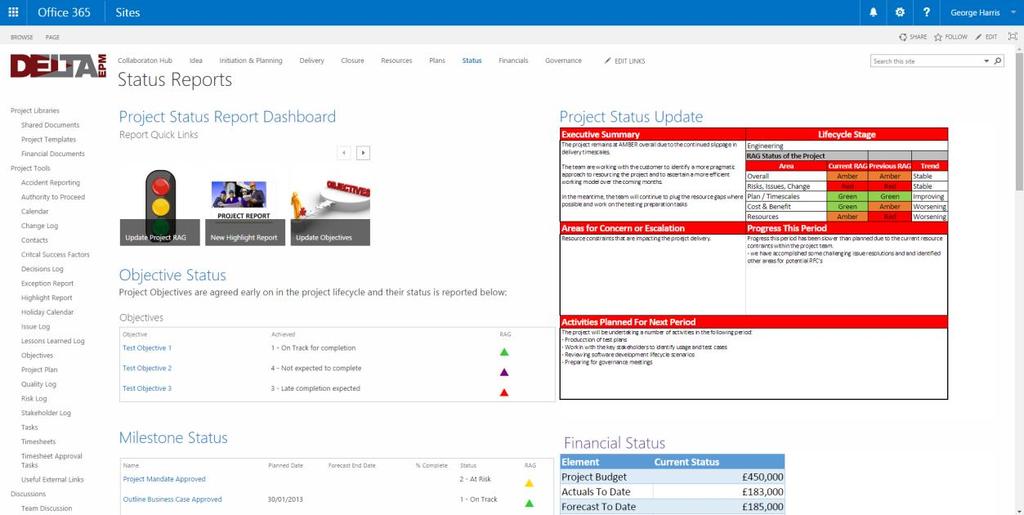 Project Status Report Home Page Combines Excel integration with SharePoint list data Delta EPM is designed to allow for real time reporting. What is meant by real time reporting?
