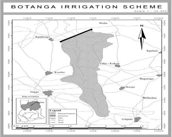 1. Materials and methods Botanga irrigation scheme is located in the northern region of Ghana, in the Tolon Kumbungu district; it lies between latitude 9 30 and 9 35 N and longitude 1 20 and 1 04 W.