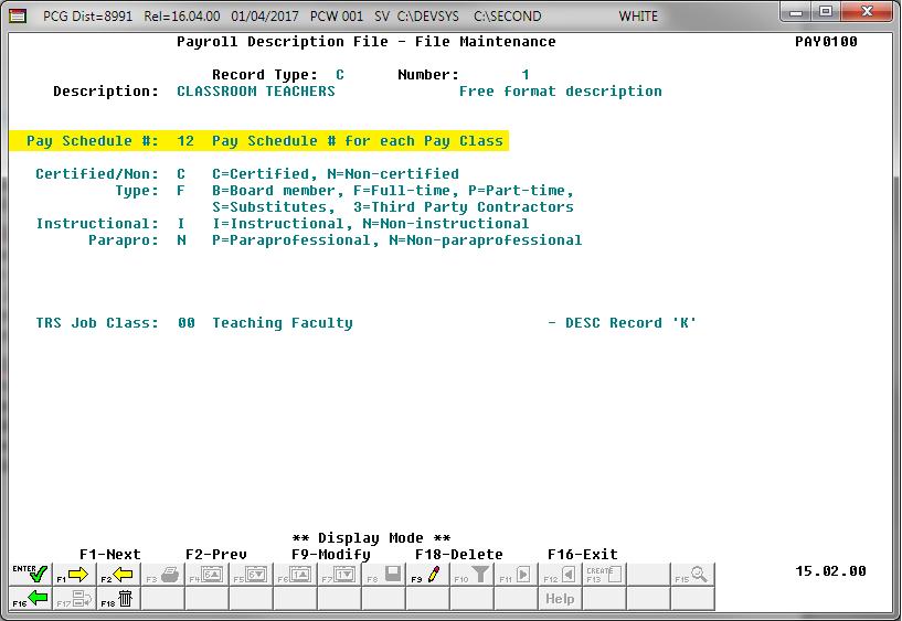 Within PCGenesis, the Pay Schedule used for an individual employee is determined by the employee s Payroll Class Code as defined for Record Type C on the Payroll Description File, as shown below.