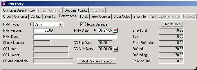 Remittances Tab Enter RMA Type Choose Return Balance, if