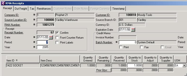 Receiving without Invoicing Pull up RMA by Receipt Number, verify