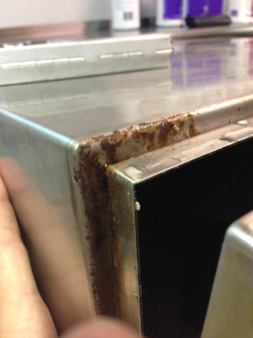 (Stains at venting areas of a dishmachine) When we see deposits form on metal surfaces near areas that vapor will escape the wash cabinet, the type of deposit will tell us what is in solution.