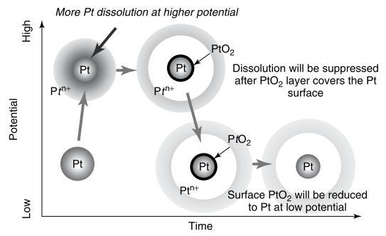 passive oxide film on the surface of Pt at potentials higher than 1.1 V (vs. SHE), the dissolution rate of Pt decreases [115].