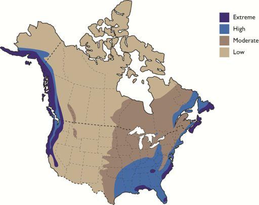 Chapter 3 Fig. 3.1.5 Rainfall exposure map, Canada and the United States. (Image by RDH Building Engineering Ltd.