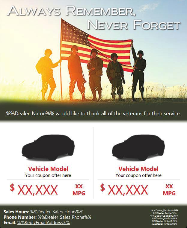VETERANS DAY ORDERS DUE BY NOVEMBER 5TH. Hello, this is [Name], the [Title] at [Dealership].