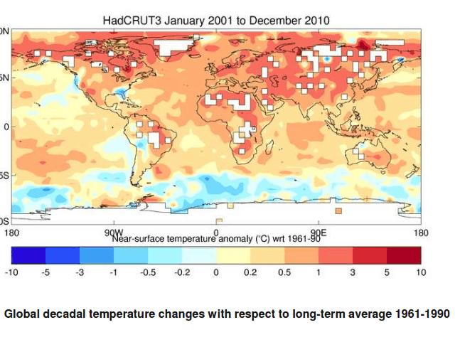 Global average temperature anomaly past 10 years Warming is