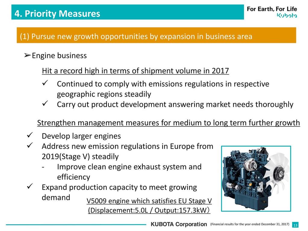 In the engine business, we have been steadily developing the technologies to satisfy emissions regulations in respective geographic regions, and achieving growth stemming from its efforts to carry