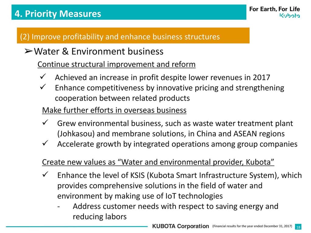 In Water & Environment business, we have been attaining positive results due to strong efforts for structural improvement and reforms which have been implemented thus far, and achieved an increase in