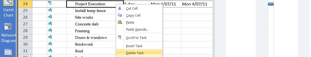 Then by selecting the task name (previously the Summary Task) that you would like to delete, use the delete key on the keyboard to delete the task.