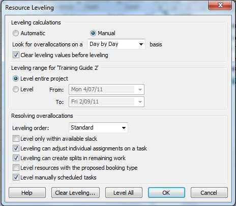 You may choose to set automatic levelling or click on Level All to adjust the schedule so that the resources are levelled through the adjustment of task durations.