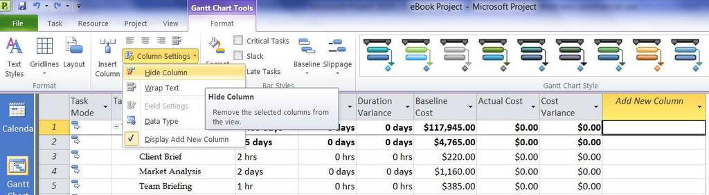 The drop down box in Add New Column is in alphabetical order. If you have used more than one baseline select the appropriate Baseline Duration and Cost columns.