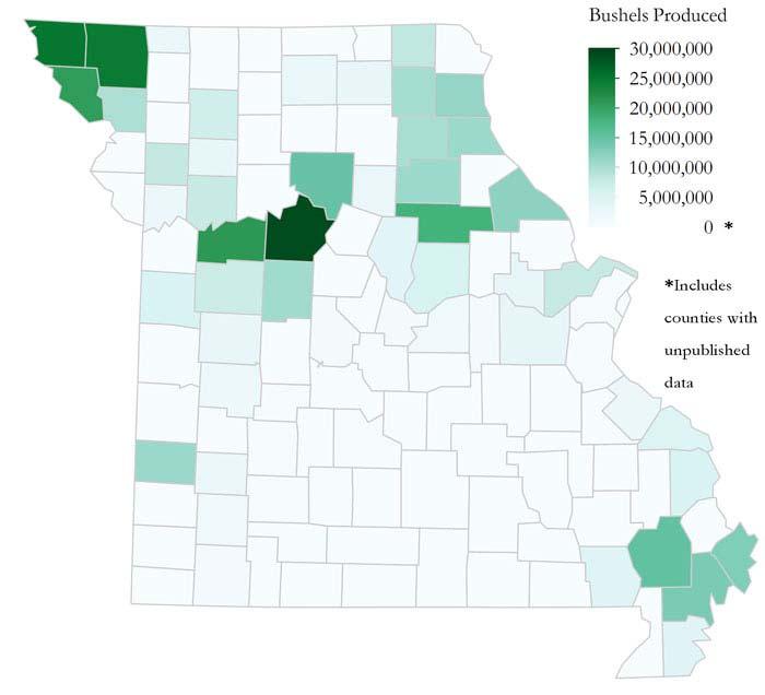 From a geographic perspective, producers in many Missouri counties produce corn, but the state has several pockets of high production. See Exhibit 1.1.4.
