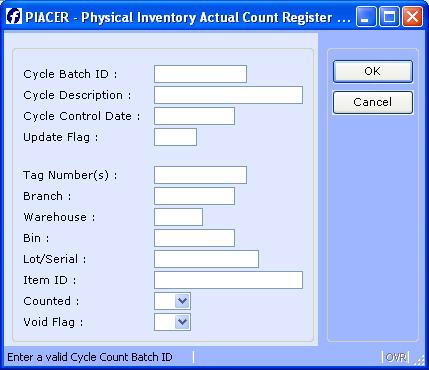 PIACER- ACTUAL COUNT ENTRY REGISTER Introduction The purpose of the Actual Count Entry Register is to provide an audit trail for items entered in Actual Count Entry.