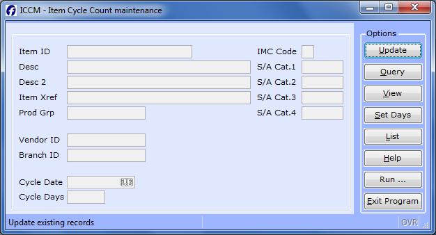 ICCM- ITEM CYCLE COUNT MAINTENANCE Introduction The purpose of the Item Cycle Count Maintenance program is to allow the user to maintain cycle count days for selected items by branch.