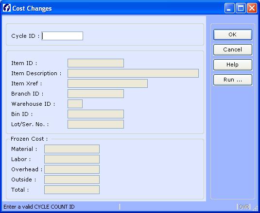 The COST CHANGES menu option will display the following window: The user may maintain frozen inventory cost
