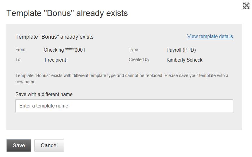 The success screen also prompts the user if they would like to save the payment as a template (in