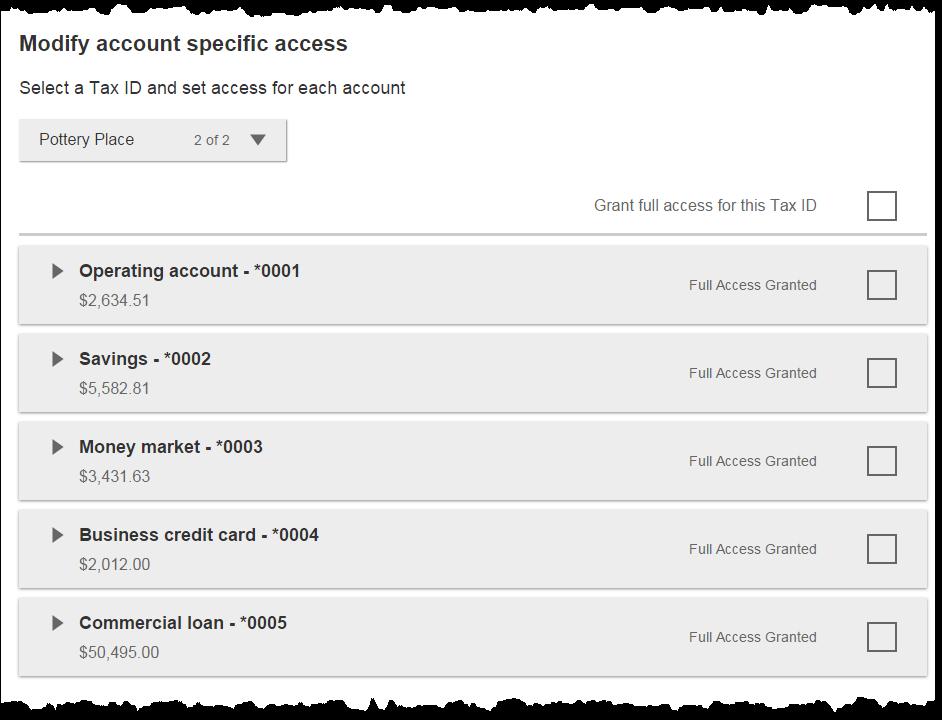 Add/Manage Business Users Modify Account Specific Access Permissions can be broad to very narrow.